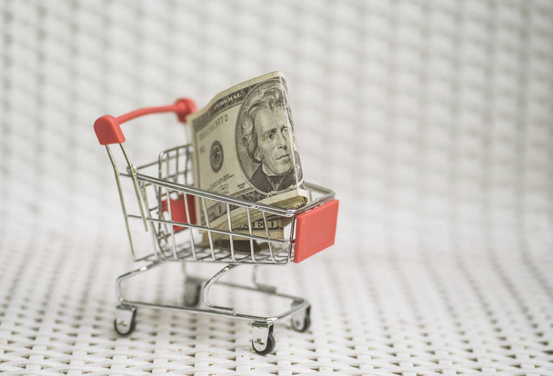 Shopping cart with American dollar banknote - Фото, зображення