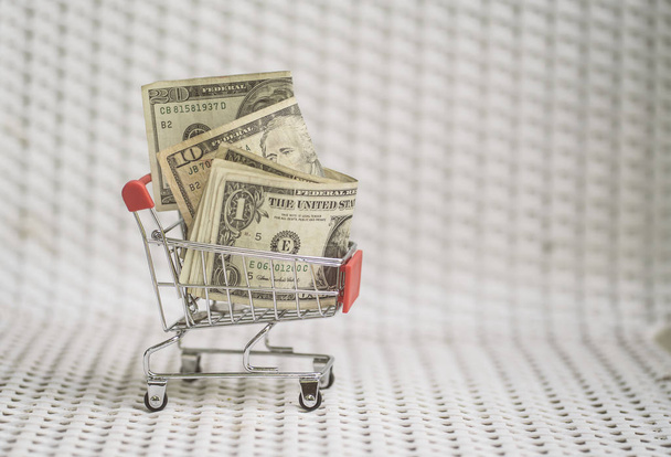 Shopping cart with American dollar banknote - Фото, зображення