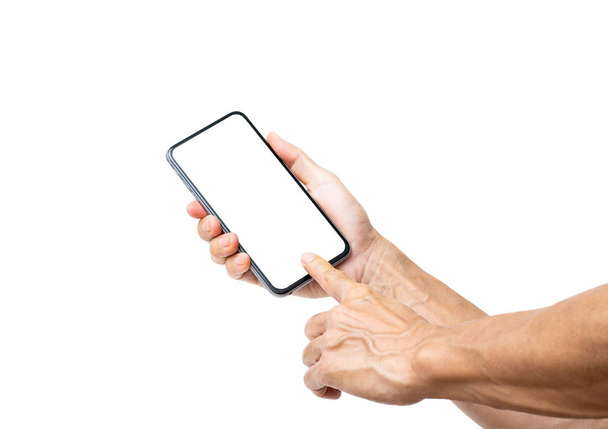 Asian man hand holding blank white screen smartphone isolated on - Photo, Image