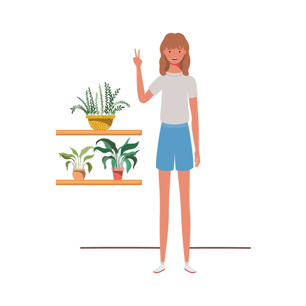 woman with houseplant and macrame hangers - Vector, Image