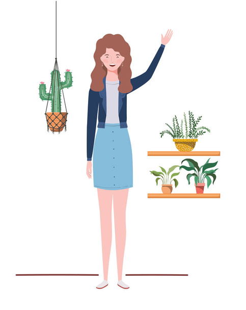 woman with houseplant and macrame hangers - Vector, Image