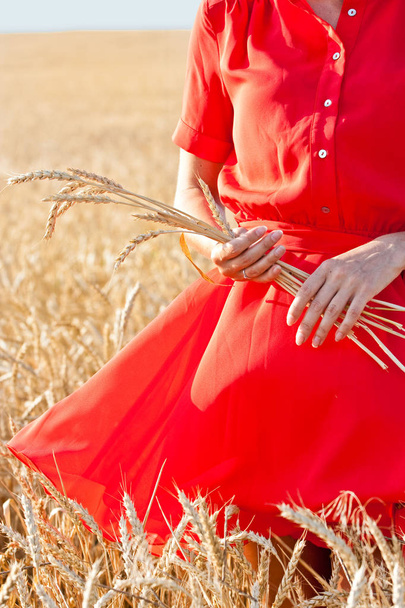 Woman in red dress holding ears of yellow wheat - Photo, image