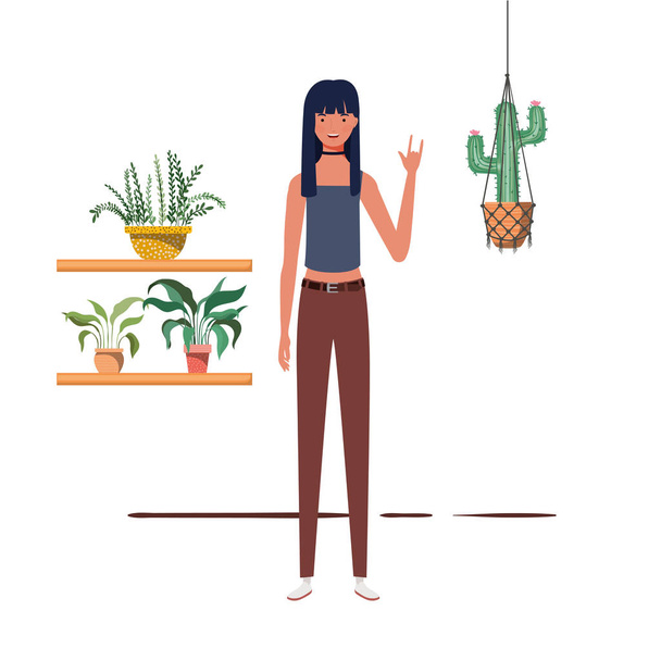 жінка з кімнатною рослиною і макраме вішалки
 - Вектор, зображення