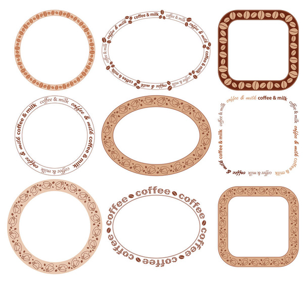 okrągłe i owalne i kwadratowe ramy z ziaren kawy i kubków-wektor zestaw - Wektor, obraz