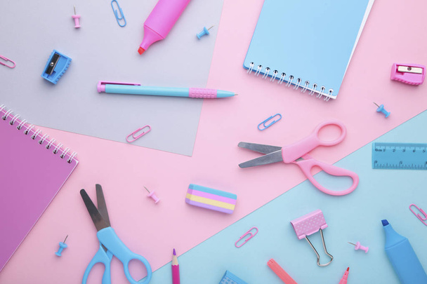 School accessories on colorful background. Back to school concept, minimalism. - Foto, afbeelding