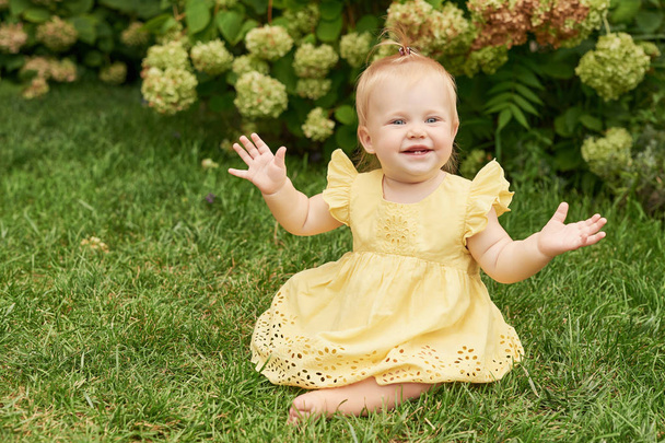 Dětský den, dětská holčička na zelené trávě v létě - Fotografie, Obrázek