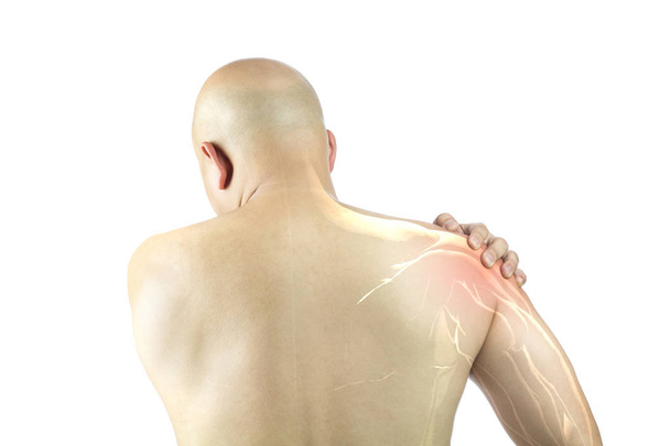 травма плечових м'язів білий фон плечовий біль
 - Фото, зображення