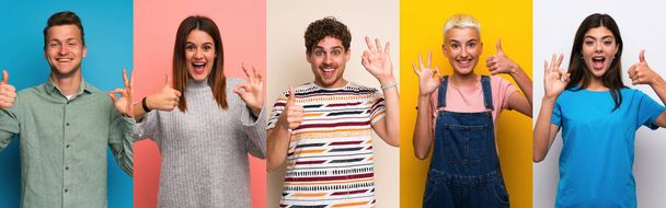 Conjunto de pessoas sobre fundos coloridos mostrando sinal ok e gesto polegar para cima
 - Foto, Imagem