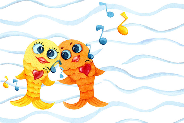 Поющие и танцующие золотые рыбки. Мультфильм характер в акварели. Детский рисунок с рыбой, ноты и плеер для дизайна печати, фона, обложки, обоев, упаковки, постельного белья, скрапбукинга
 - Фото, изображение