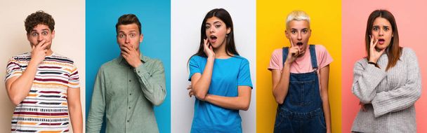Set of people over colorful backgrounds surprised and shocked while looking right - Photo, Image
