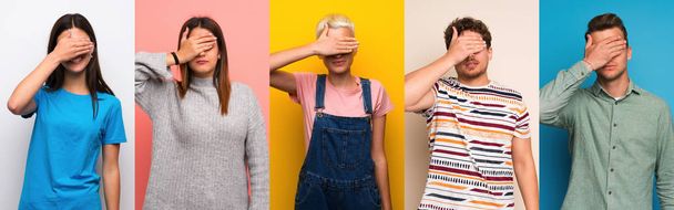 Set of people over colorful backgrounds covering eyes by hands. Do not want to see something - Photo, Image