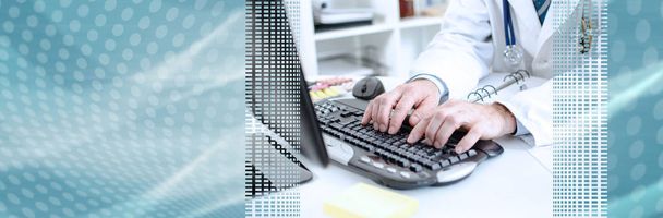 Doctor typing on a computer keyboard; panoramic banner - Φωτογραφία, εικόνα
