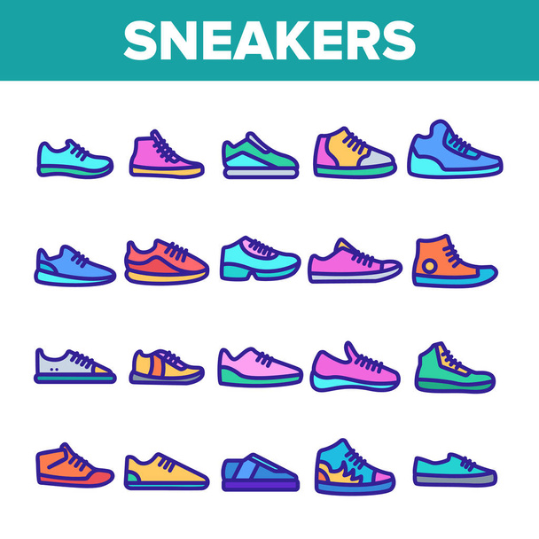 Χρώμα αθλητικά παπούτσια λεπτή γραμμή εικονίδια σύνολο διάνυσμα - Διάνυσμα, εικόνα