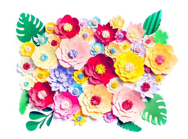 Colorful handmade paper flowers on white background  - Photo, Image