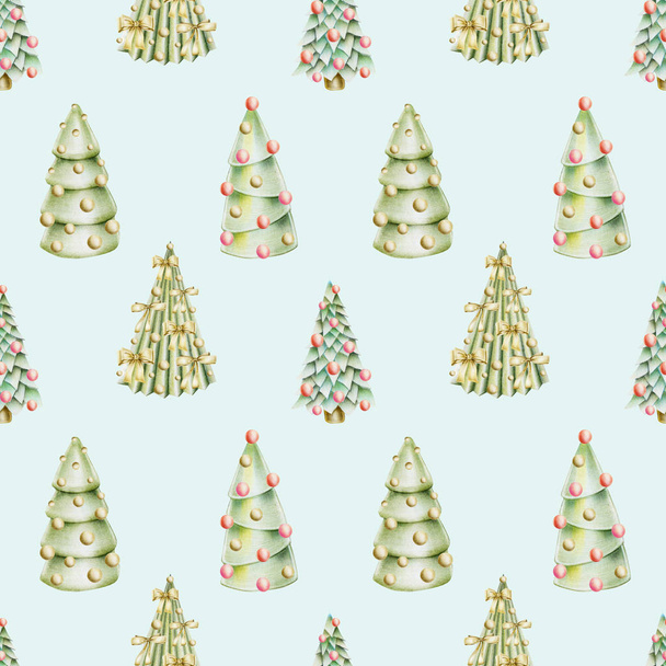 Motif sans couture des arbres de Noël avec des décorations, dessiné à la main sur un fond bleu
 - Photo, image