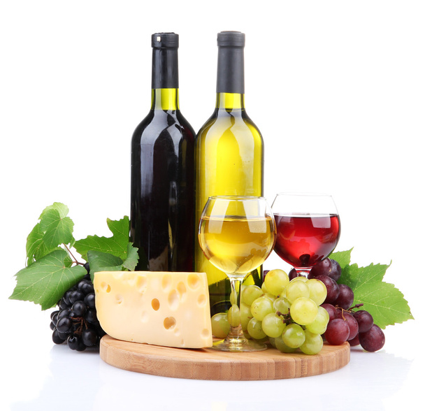 bottles and glasses of wine, assortment of grapes and cheese isolated on white - Photo, image