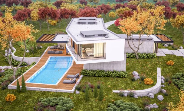 3D-rendering van modern huis op de heuvel met zwembad in de herfstavond - Foto, afbeelding