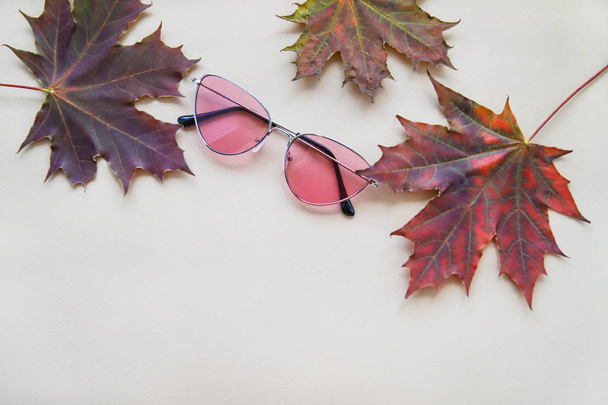 Осенняя мода композиция розовые солнечные очки и кленовые листья на светло-бежевом фоне. Осенняя концепция. Теплые цвета и оттенки. Плоский лежал
 - Фото, изображение