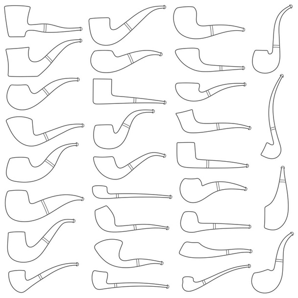 Conjunto de ilustrações em preto e branco com a imagem de cachimbos fumadores de diferentes formas e tipos. Objetos vetoriais isolados em um fundo branco
. - Vetor, Imagem