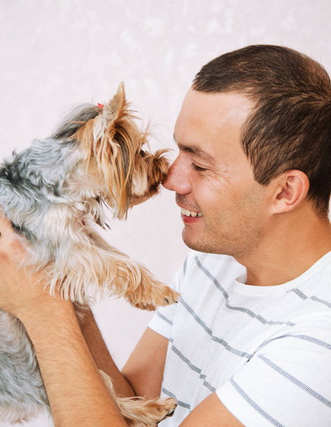 Young man playing with puppy yorkshire terrier  - Photo, Image