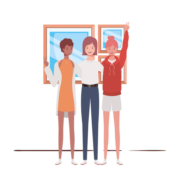 jonge vrouwen staande op witte achtergrond - Vector, afbeelding