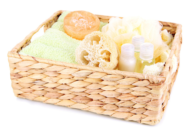 Set for spa in wicker basket, isolated on white - Foto, Imagen
