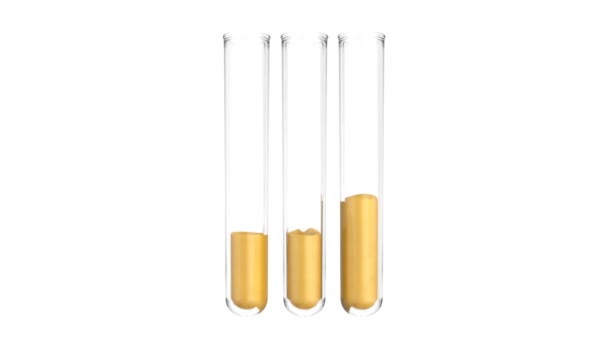Fluxos de ouro líquido em três tubos de ensaio, isolados sobre fundo branco
 - Filmagem, Vídeo
