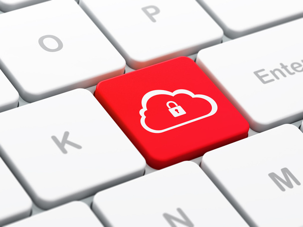 Cloud computing koncepcja: chmura z kłódką na klawiaturze komputera - Zdjęcie, obraz