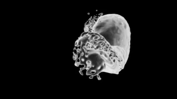 Witte gloeiende vloeistof spatten abstract en blijft roteren, geïsoleerd op zwarte achtergrond - Video