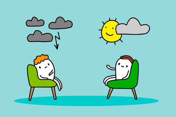 Psychotherapie sessie hand getekende vector illustratie in cartoon stijl. Twee man zittend in stoelen praten - Vector, afbeelding