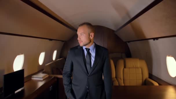 Business person portrait in private jet. - Footage, Video
