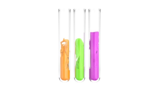 Neon colors flowing in three test tubes, isolated on white background - Footage, Video