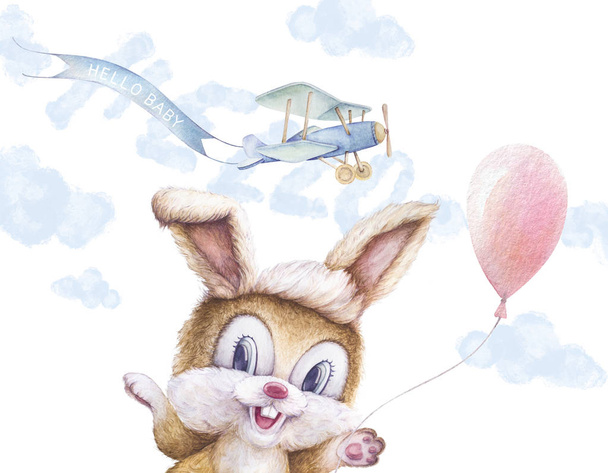 Cute watercolor for kids. Nursery wall art. Watercolor rabbit, colorful air ballons, clouds. Aeroplan fly with ribbon. Hand lettering. Hello. White background. Illustration for children. New born gift - Photo, Image