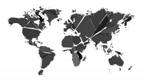Mapa del mundo gris explota en pedazos y cae al suelo, sobre fondo blanco
 - Metraje, vídeo