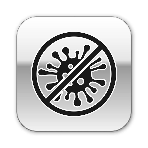 Black Stop virus, bacteria, germs and microbe icon isolated on white background. Antibacterial and antiviral defence, protection infection. Silver square button. Vector Illustration - Vector, Image