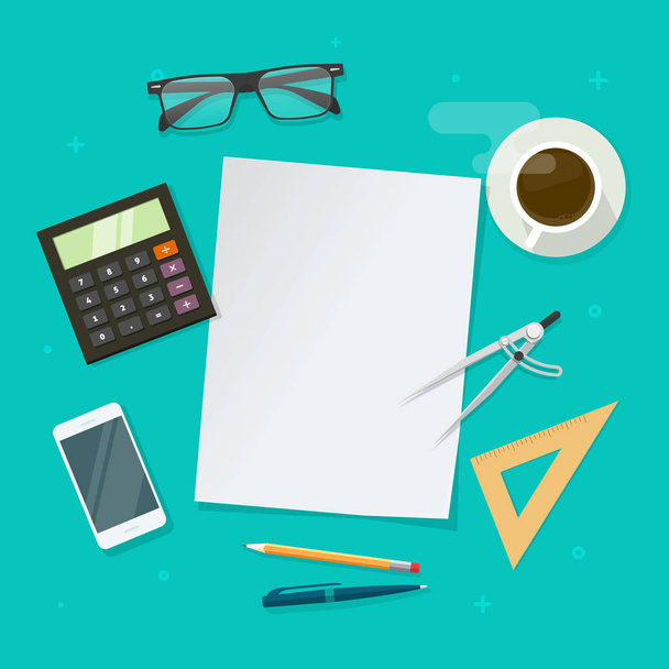 Flat lay of table with blank paper page for copy space vector illustration, cartoon learning or education objects on working desk top view, homework or study, workplace layout - Διάνυσμα, εικόνα