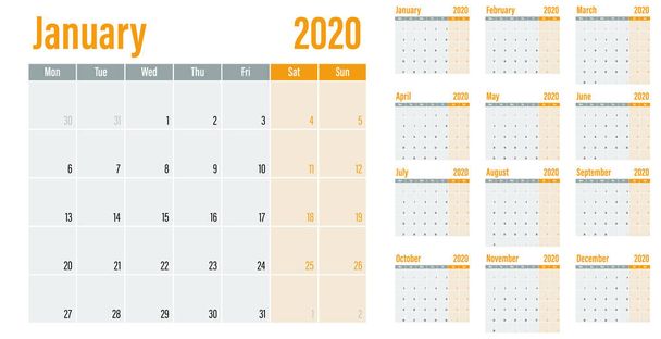 Kalendarz Planner 2020 szablon ilustracja wektor wszystkie 12 miesięcy tydzień zaczyna się w poniedziałek i wskazać weekendy w sobotę i niedzielę - Wektor, obraz