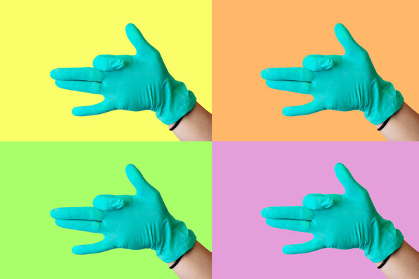 Collage on a colored background on a medical subject: a female hand in a blue latex glove makes a gesture similar to a dog s face with an open mouth. Medical health concept. - 写真・画像