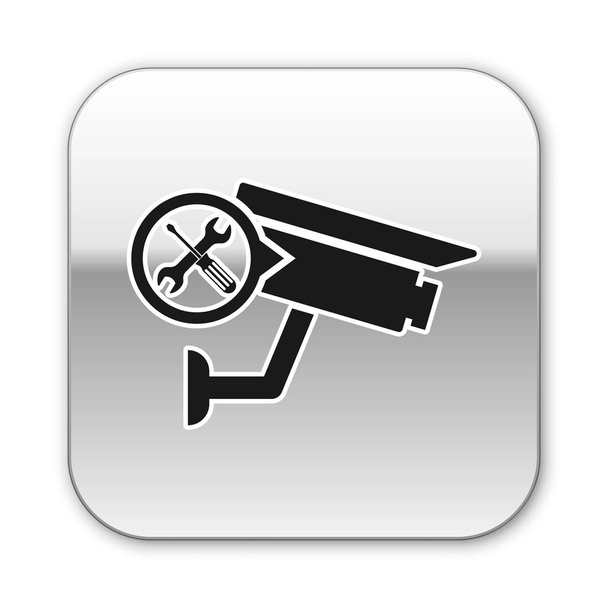 Black Security camera with screwdriver and wrench icon isolated on white background. Adjusting, service, setting, maintenance, repair, fixing. Silver square button. Vector Illustration - Vector, Image