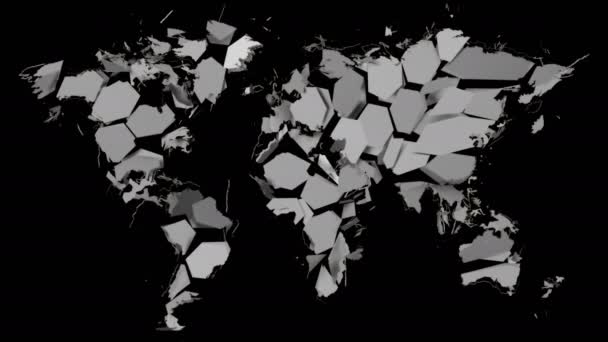 金属の世界地図は、黒い背景に隔離された小さな部分に爆発します - 映像、動画