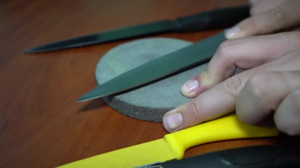 Männerhände schärfen Tischmesser. Holz Hintergrund. - Filmmaterial, Video