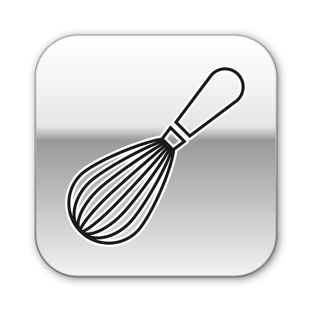 Icono de batidor de cocina negra aislado sobre fondo blanco. Utensil de cocina, batidor de huevos. Signo de cubertería. Comida mezcla símbolo. Botón cuadrado plateado. Ilustración vectorial
 - Vector, Imagen