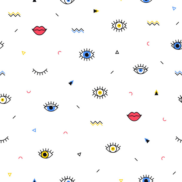 Memphis pattern with psychedelic eyes, lips and geometric shapes. Fashion background in 90s 80s style. Linear design. Triangle, zigzag, open eyes and other graphic elements. Line art. - Vetor, Imagem