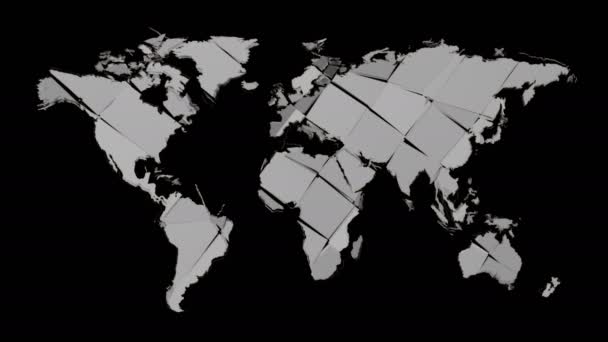 金属の世界地図は、黒い背景に隔離された部分に爆発します - 映像、動画