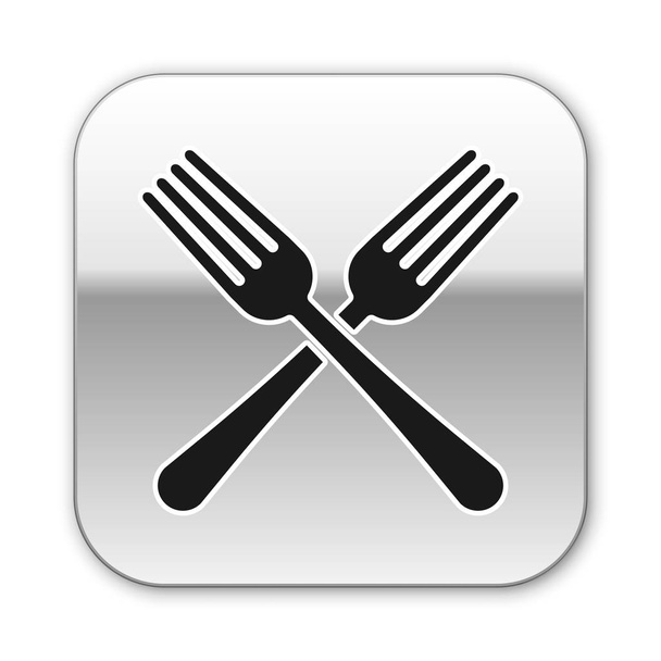 Black Crossed fork icon isolated on white background. Cutlery symbol. Silver square button. Vector Illustration - ベクター画像