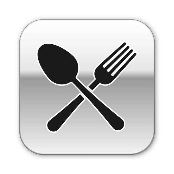 Black Crossed fork and spoon icon isolated on white background. Cooking utensil. Cutlery sign. Silver square button. Vector Illustration - Vector, imagen