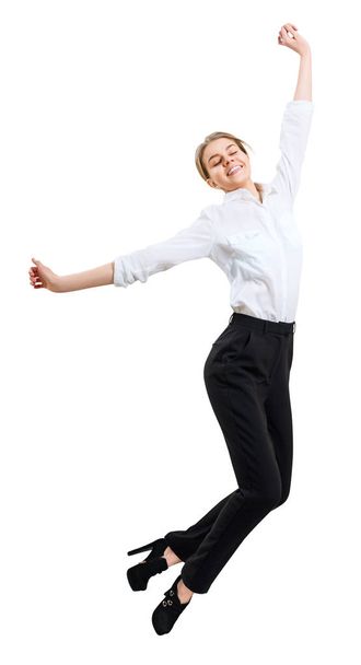 Happy business woman in formal wear jumping with briefcase. - Photo, image