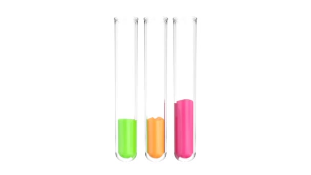 Fluxos líquidos coloridos em três tubos de ensaio, isolados sobre fundo branco
 - Filmagem, Vídeo