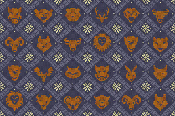 Χειμωνιάτικα Χριστούγεννα πλεκτά μάλλινο μοτίβο με άγρια ζώα - Διάνυσμα, εικόνα