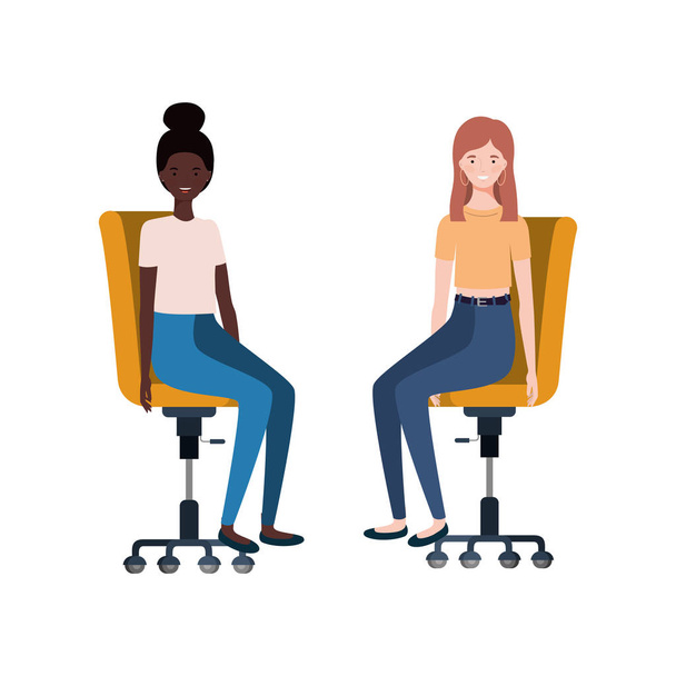 Frauen mit Sitz im Bürostuhl auf weißem Hintergrund - Vektor, Bild